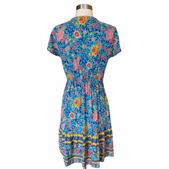 Mini Dress Boho Exotic Print Spell Inspired Blue Cotton Short Sleeves Medium EUC - Picture 4 of 11